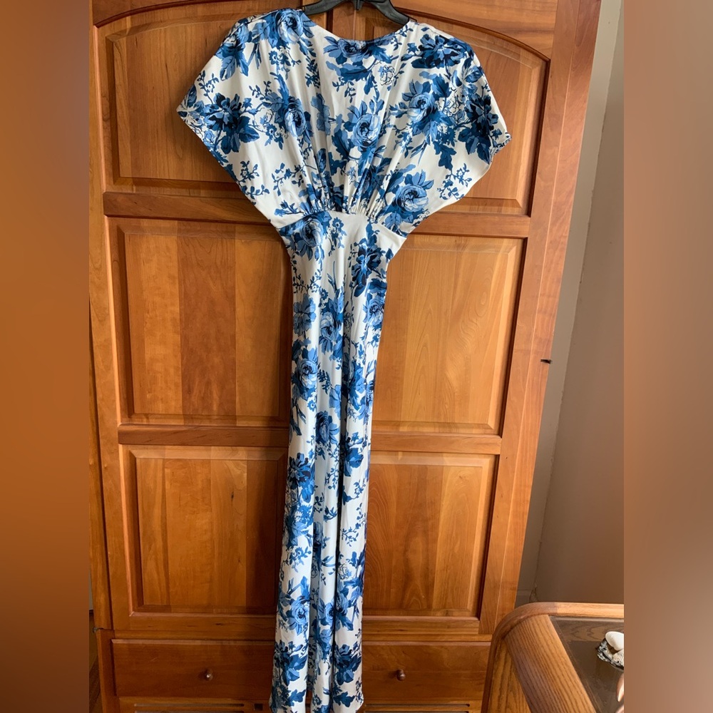 Anthropologie BHLDN Label, Blue & White Floral Long Dress, size 0, side zip - Picture 1 of 4